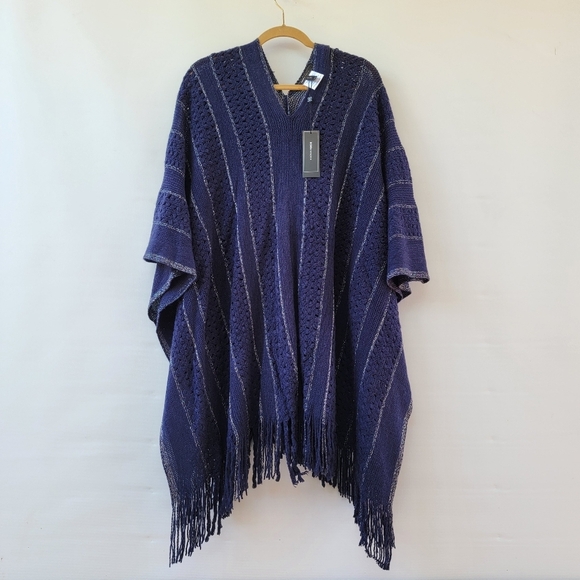 BCBGMaxAzria Navy Blue Silver Metallic New One Size Boho Longline Fringe Poncho - Picture 1 of 11